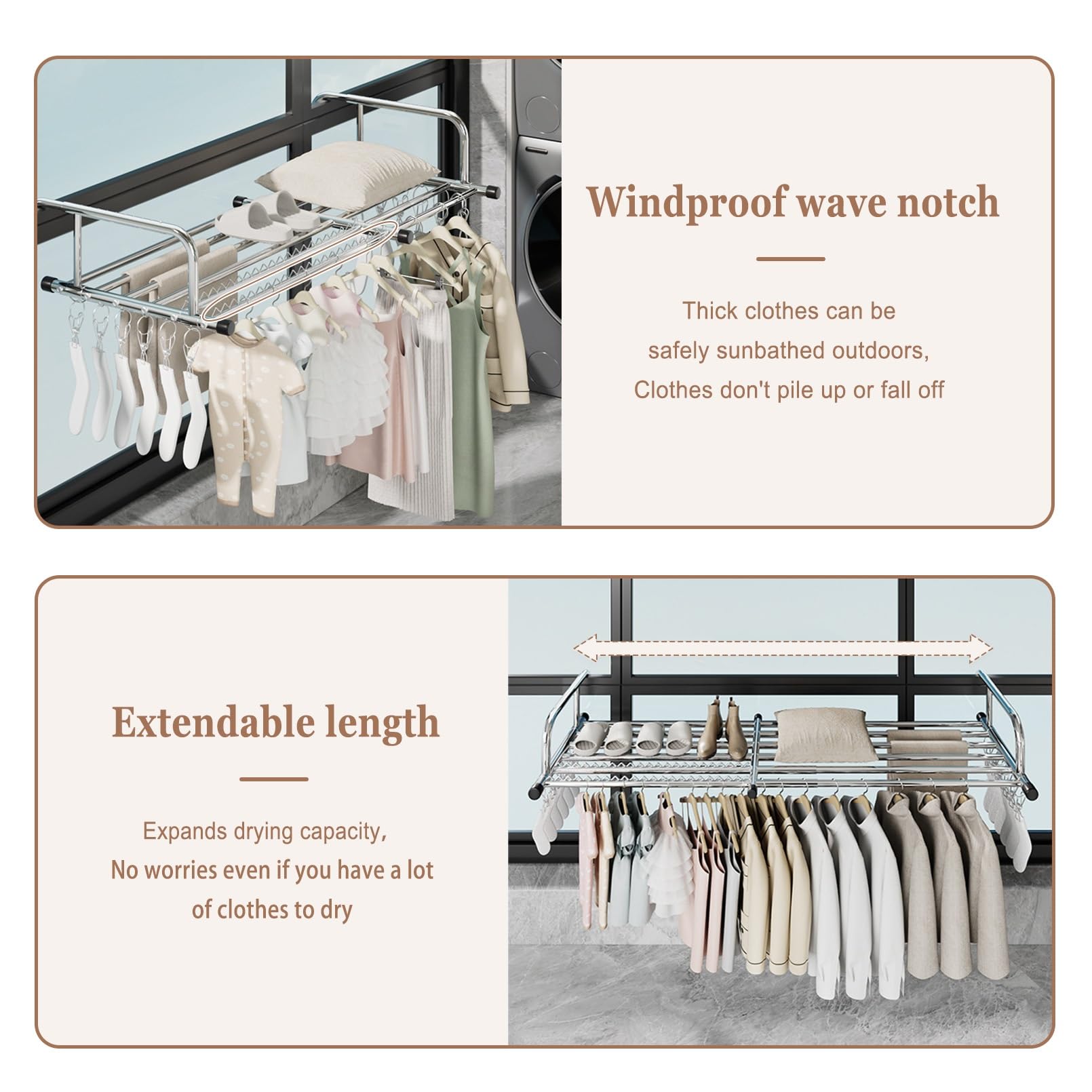 Klappbar Heizkörpertrockner, Hängewäschetrockner Wäschehänger Balkon Trockner, Windproof Wave Hole Slot Design, Kann Sofort Nach Dem Aufhängen Verwendet Werden, Platzsparender Wäschetrockner(77-140cm)