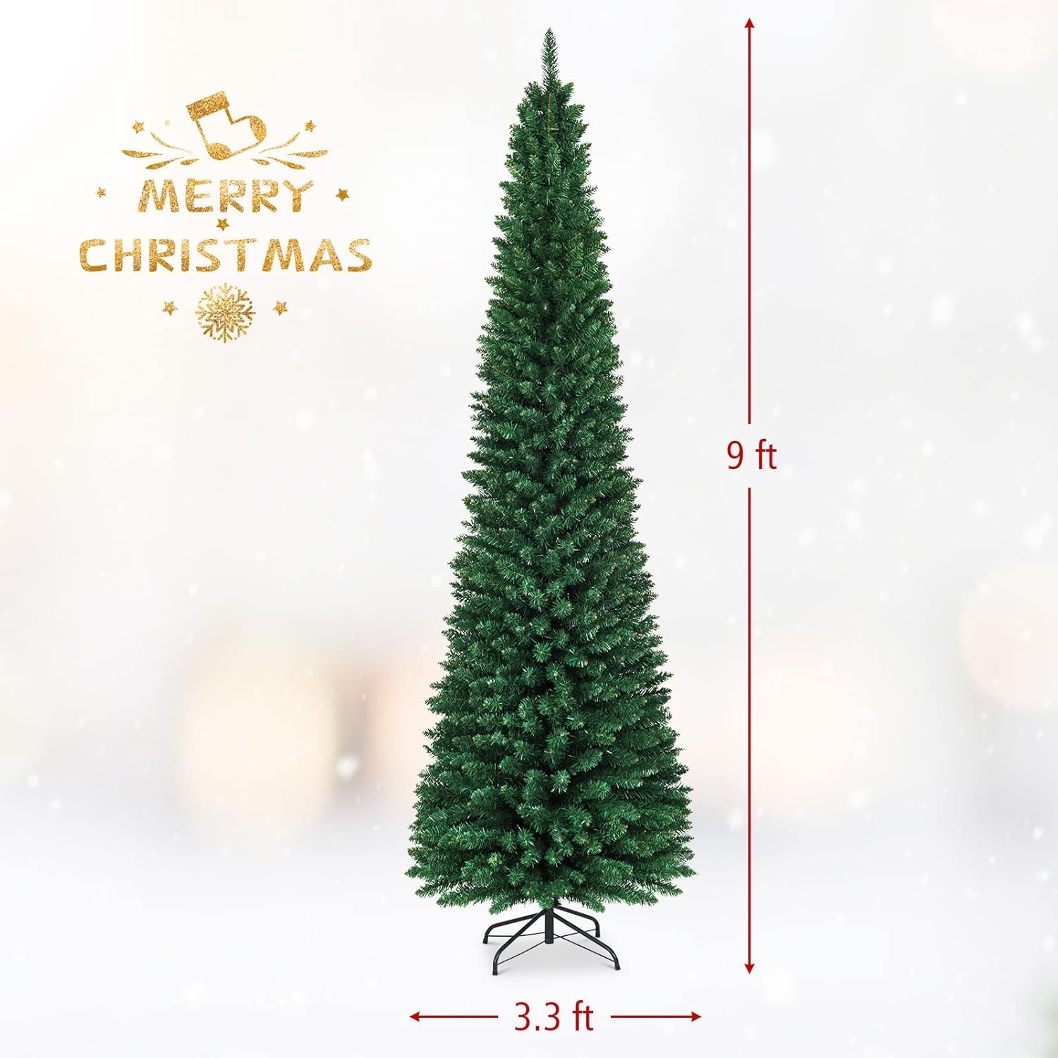7.5ft Artificial Pencil Christmas Tree, Unlit Slim Xmas Pine Tree w/ Branch Tips, Metal Foldable Base, Ideal for Holiday Home Office Party Decor, Green