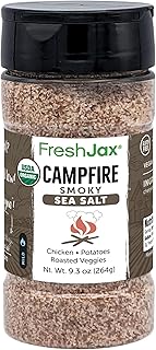 FreshJax Organic Campfire Smokey Sea Salt – 9.3 oz Large Bottle | Smoked Cherrywood Sea Salt with Chipotle Pepper | Gourmet Finishing Salt for Popcorn, Meats, Fish, Veggies & Grilling - Made in USA