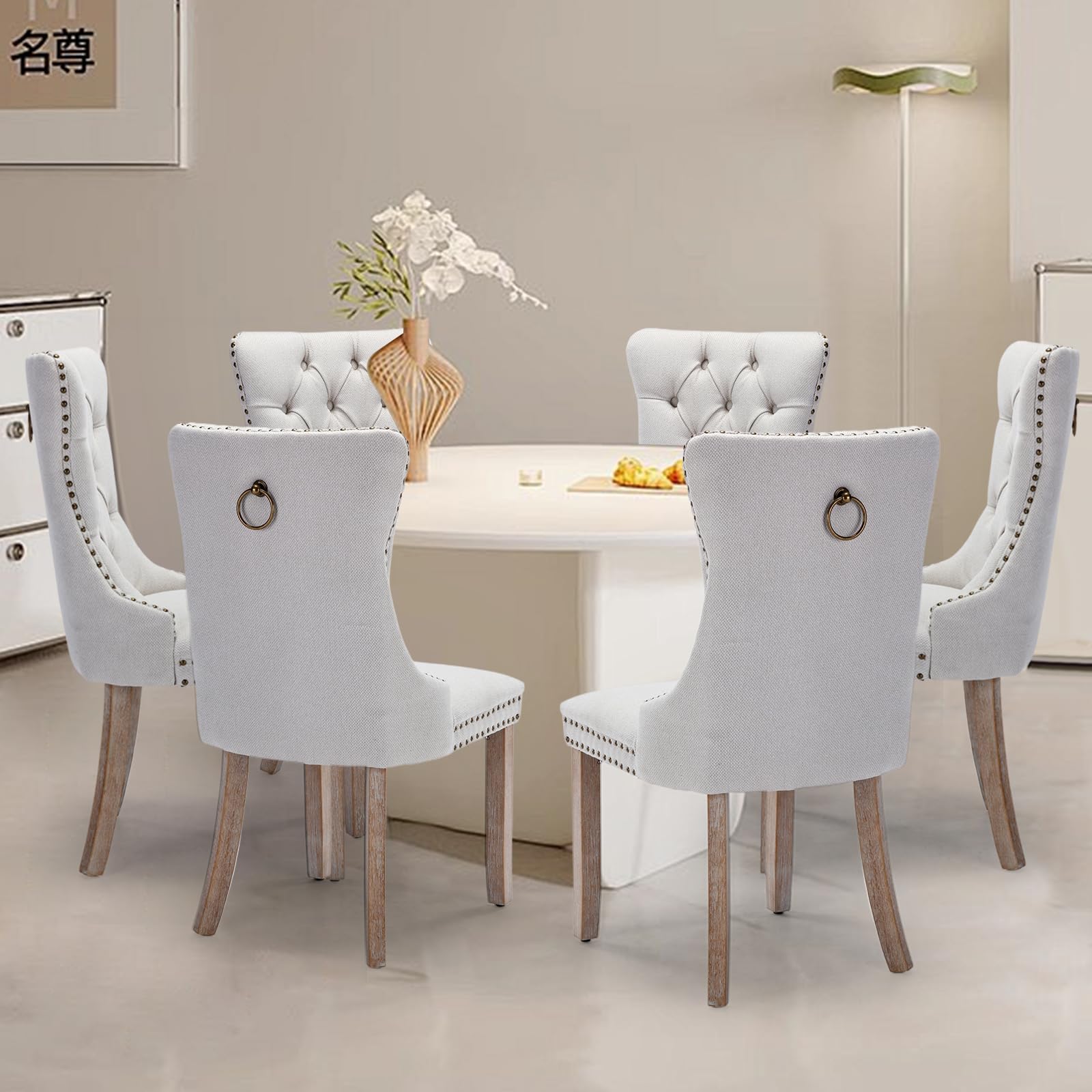 Lot de 6 chaises de Salle à Manger rembourrées en Lin de Style Moderne avec Garniture en Clou et Pied en Bois, Anneau de Traction en métal pour Salle à Manger, Salon (Beige)