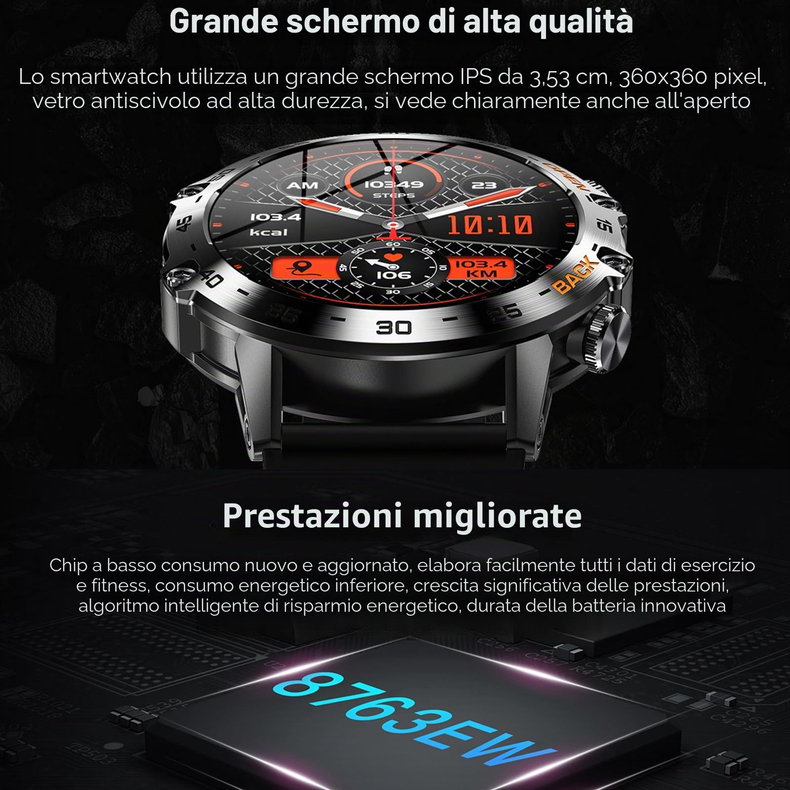 K52 Smartwatch Fitness con Schermo Touch IPS da 1,39 Pollici, Impermeabile IP67, Chiamate BT, Diverse Modalità Sportive