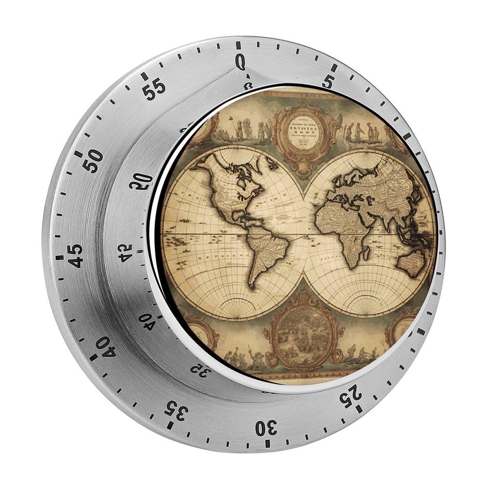 World Map Visual Timer with Loud Alarm 60-Minute Kitchen Timers Exquisite Stainless Steel Body - Mechanical Desk Timer Countdown Clock for Cooking Chef Clock