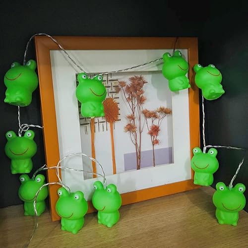 Vista 12 de Guirnalda de 10 luces LED de rana verde, para dormitorio, 5.4 pies, rana para niños, dormitorio, hogar, campamento, decoración de vacaciones