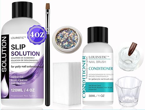 Limpiador de cepillos de uñas de gel y solución deslizante de poligel de 4 onzas y cepillo de vidrio y uñas y almohadillas de algodón de limpieza y
