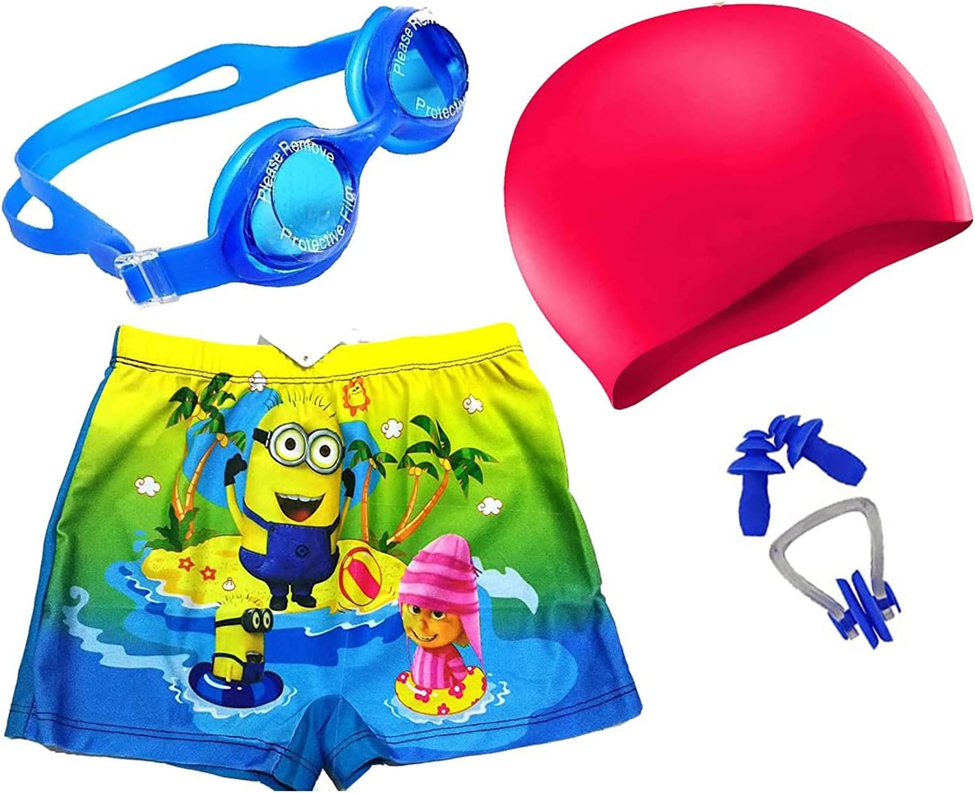 Boys Swimming Kit with 1 Swimming Shorts, 1 Anti Fog Swimming Goggles, 1 Silicone Swimming Cap, 1 Nose Clip 2 Ear Plugs