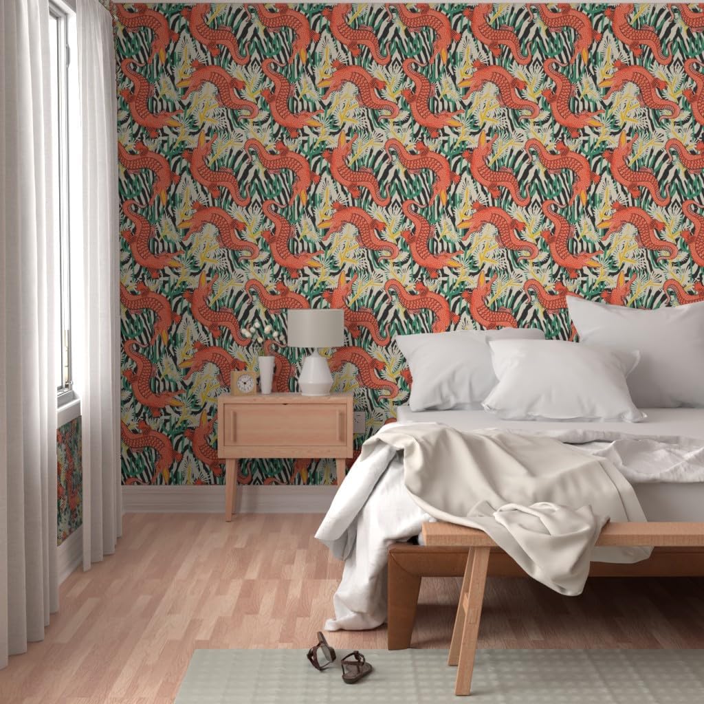 Spoonflower Peel & Stick Wallpaper 3ft x 2ft - Tropical Maximalist Coral Green Crocodile Alligator Bright Boho Vivid Bold Custom Removable Wallpaper