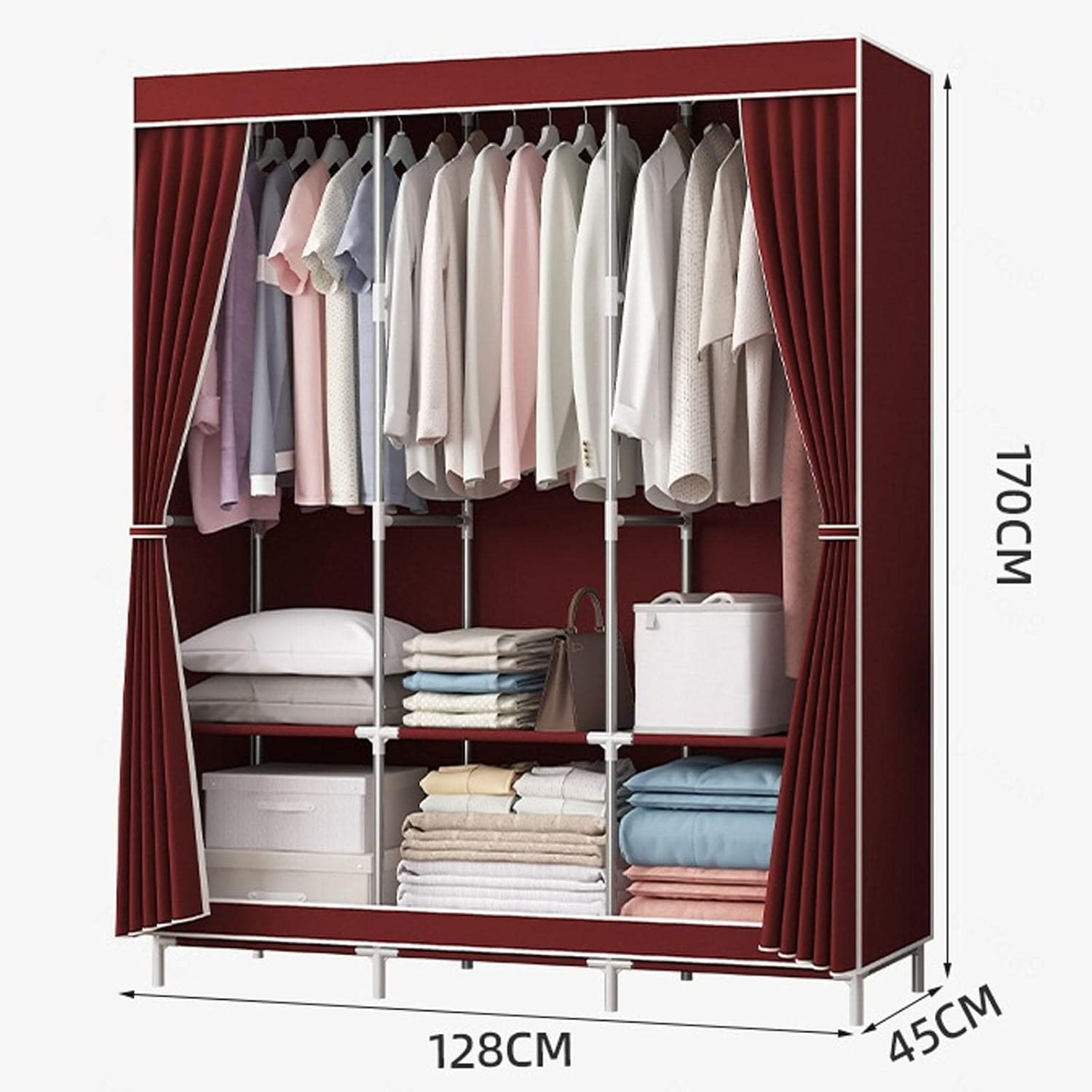 Canvas Wardrobe, Portable with Hanging Rail and Shelves, Clothes Closet Storage Organizer for Bedroom,Brown-128x45x170cm
