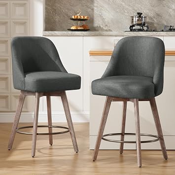 Bekrvio Counter Height Bar Stools Set of 2, Mid-Century Modern Swivel Barstools with Back and Wood Legs, Linen Fabric Upholstered Chairs 65CM Seat Height Counter Stools (Linen Gray, 2PCS)