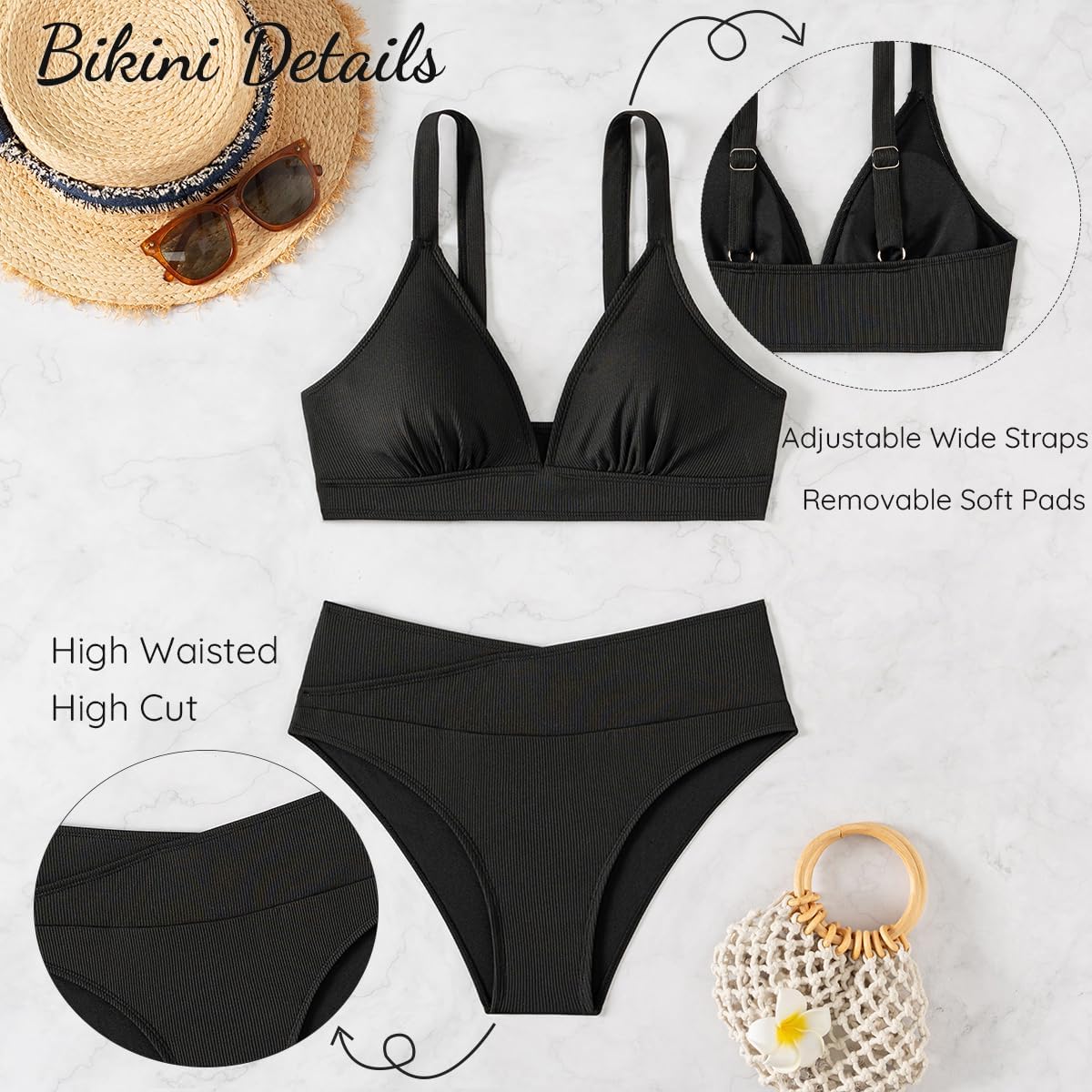 High Waist Cheeky Swimsuit 2 Piece Bikini Womens Tummy Control Sets Ribbed Longline Swimwear V-Cut Front