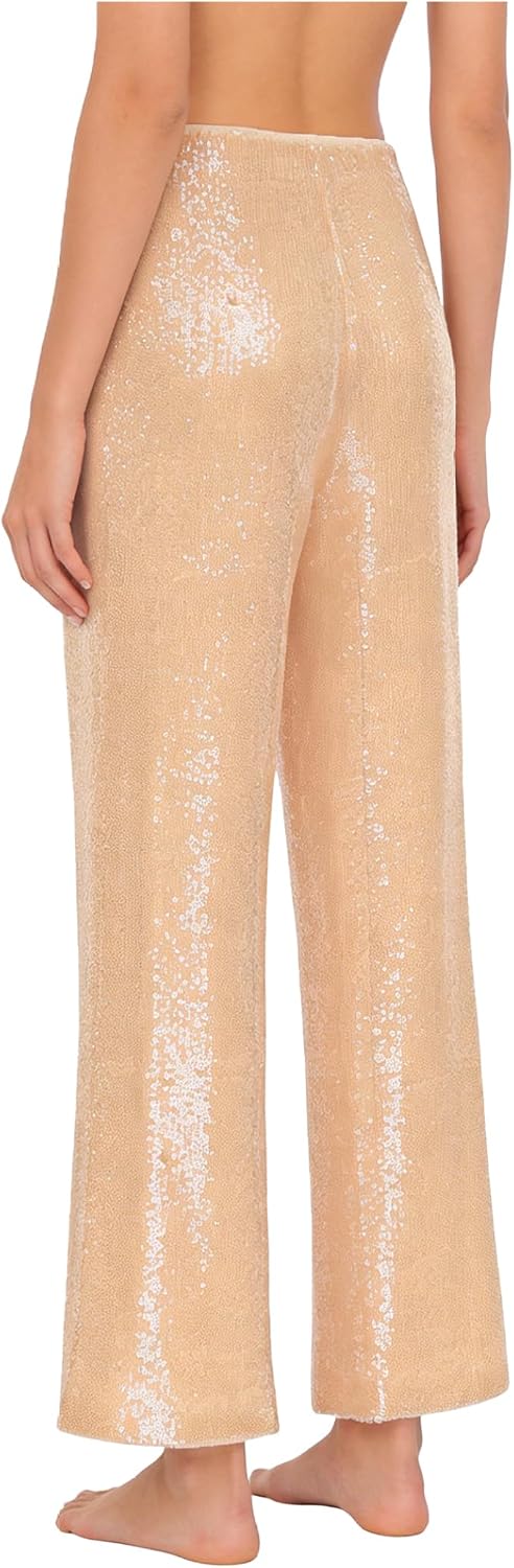 Women's Glittery Sequin Pants Drawstring Waist Straight Leg Long Pants Club Night Out Dance Pant
