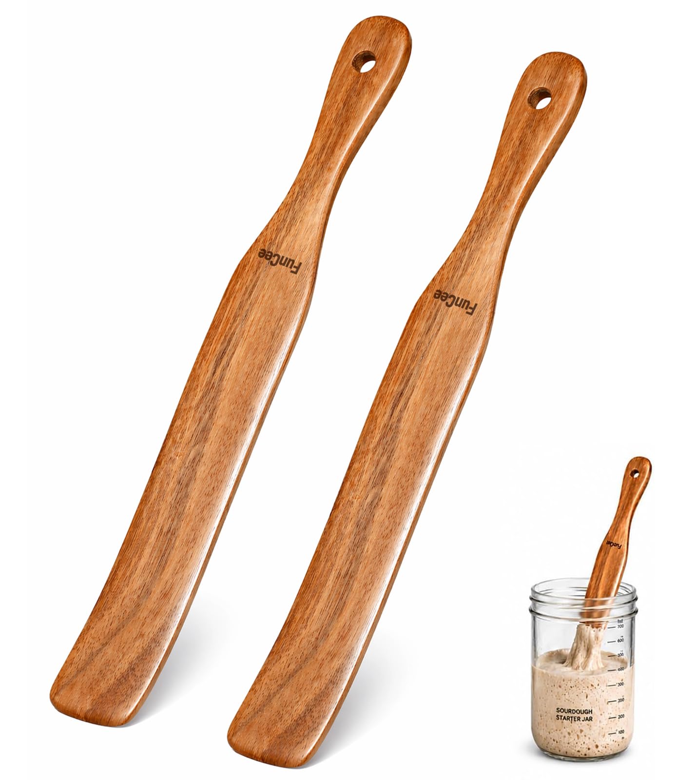 Photo 1 of 2 Pack Wooden Spurtle for Sourdough Starter, Mixing, Reaching Bottom of Jar, Dough Whisk, Long Handle Jar Spatula, Spurtles Kitchen Tools Teak Wood Kitchen Utensils kit for Baking, Cooking