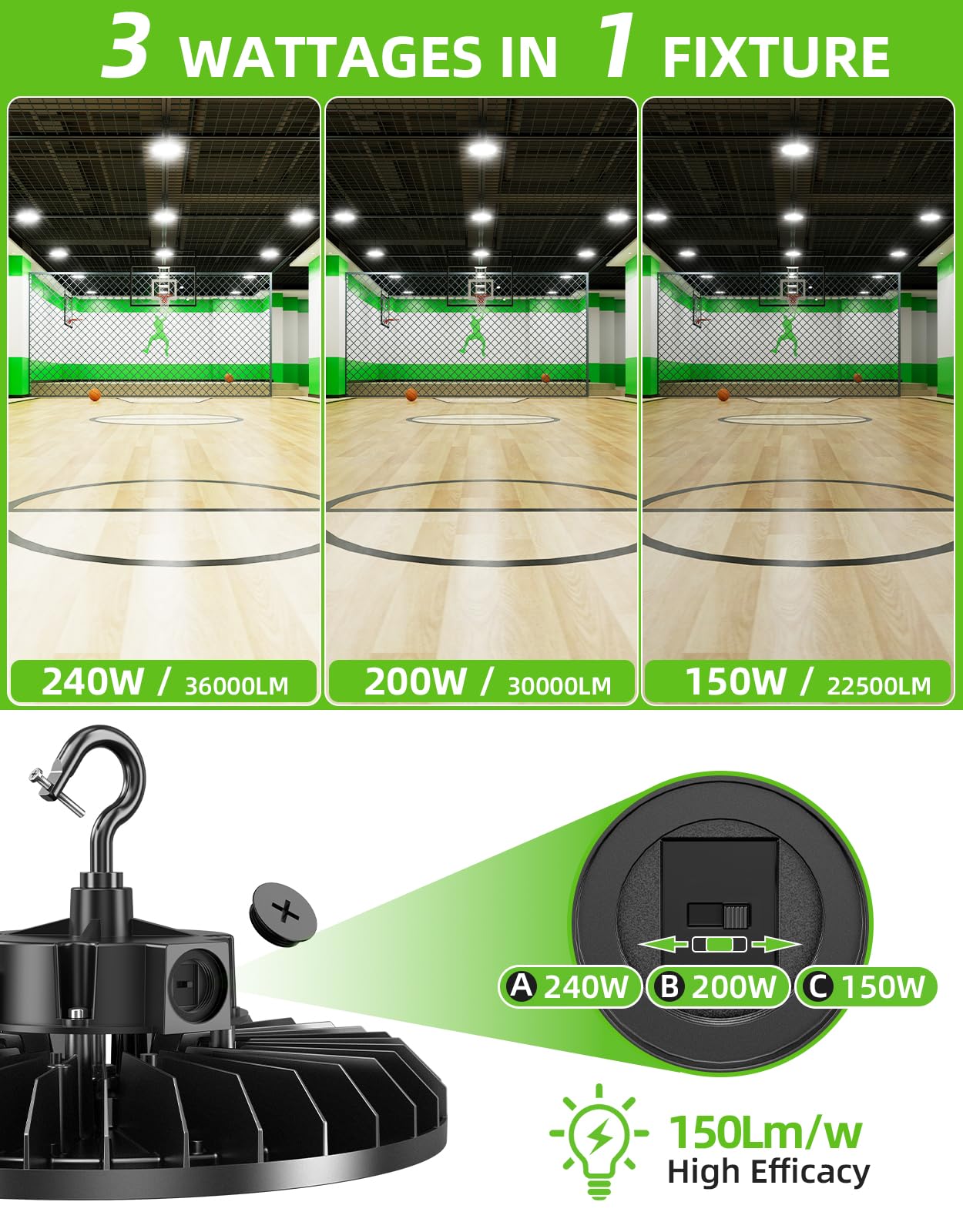 3 Pack 480V High Bay Light UFO LED 240W 200W 150W Adjustable ETL DLC Listed 5000K LED Warehouse — view 3