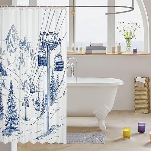 Miniatura 3 de Cortina de ducha para deportes de esquí, azul marino, blanco, bosquejo, esquí, nieve, montaña, cortina de baño para niños, niñas, adultos,