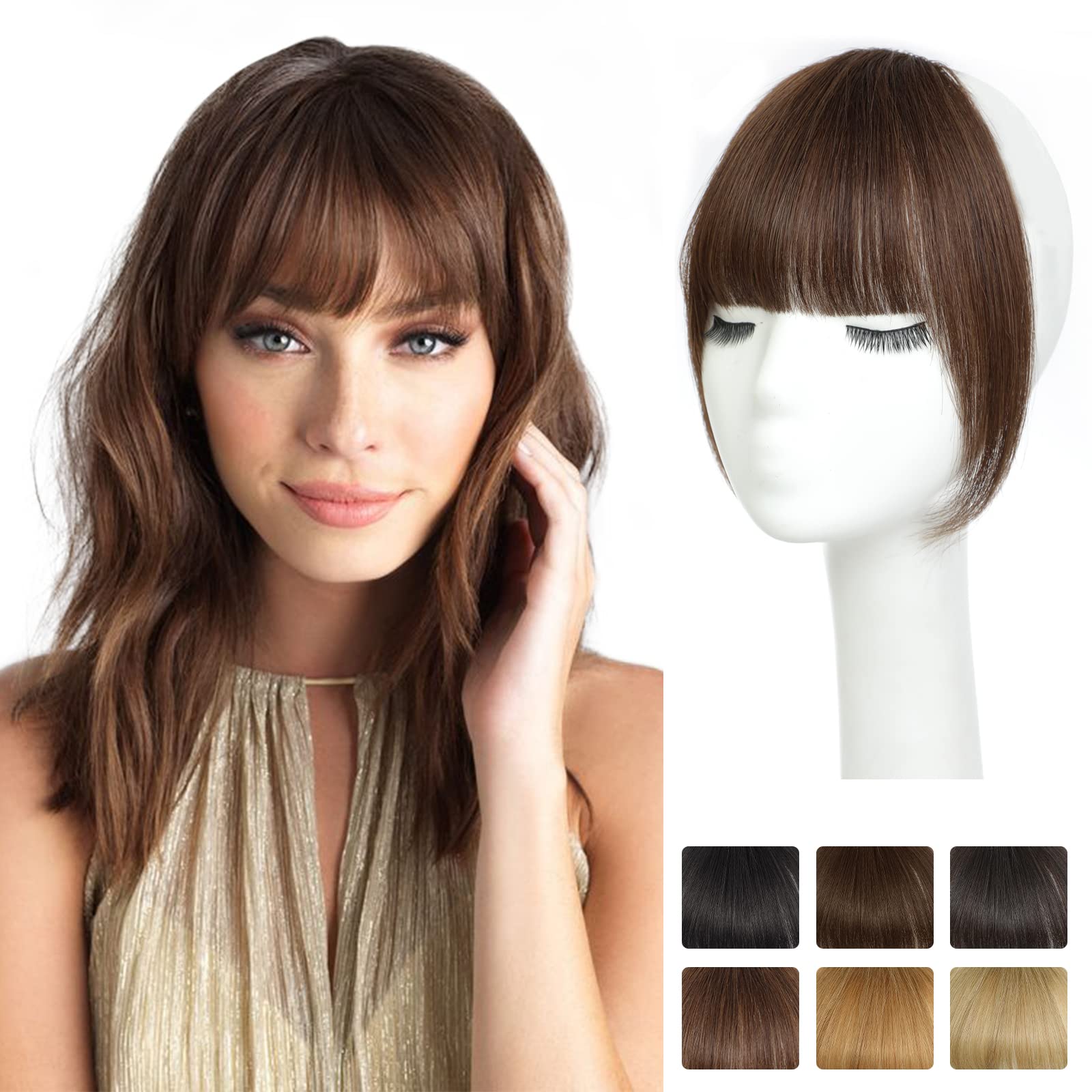 Clip in Bangs - 100% Human Hair Bangs Clip in Hair Extensions, Clip on Bangs French Bangs Medium Brown Fringe with Temples Hairpieces for Women Curved Bangs for Daily Wear