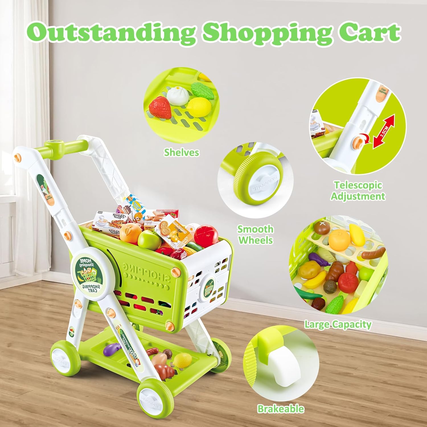 Supermarket Shopping Cart for Kids, 31PCS Shopping Trolley Cart Toy with Play Food Shop Accessories, Pretend Play Shopping Basket Grocery Store Games for Toddlers Boys Girls Ages 3+ (Green)