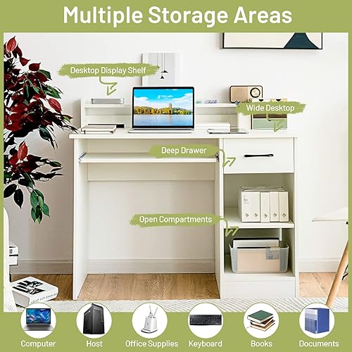 Miniatura 16 de Tangkula Escritorio para computadora con cajón y bandeja para teclado, escritorio de estudio moderno de 22 pulgadas de ancho con gabinete de Negro