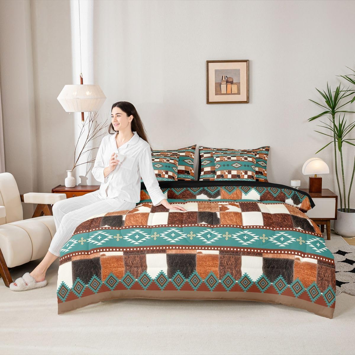 Cowhide Western Queen Comforter Set with Sheets | Farm Animals Skin 7-Piece Bedding Set Southwest Style Native Geometric Aztec Bed in a Bag, Patchwork Cow Print Bed Sets,Country Western Room Decor