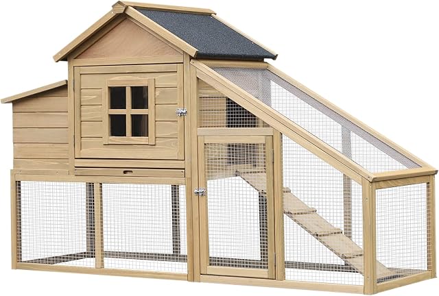PawHut Chicken Coop, Rabbit Hutch, Hen House, Wooden Poultry Habitat with Outdoor Run, Nesting Box, Slide Out Tray, Lockable Doors, Ramp, Window, 176 x 66 x 110cm, Natural