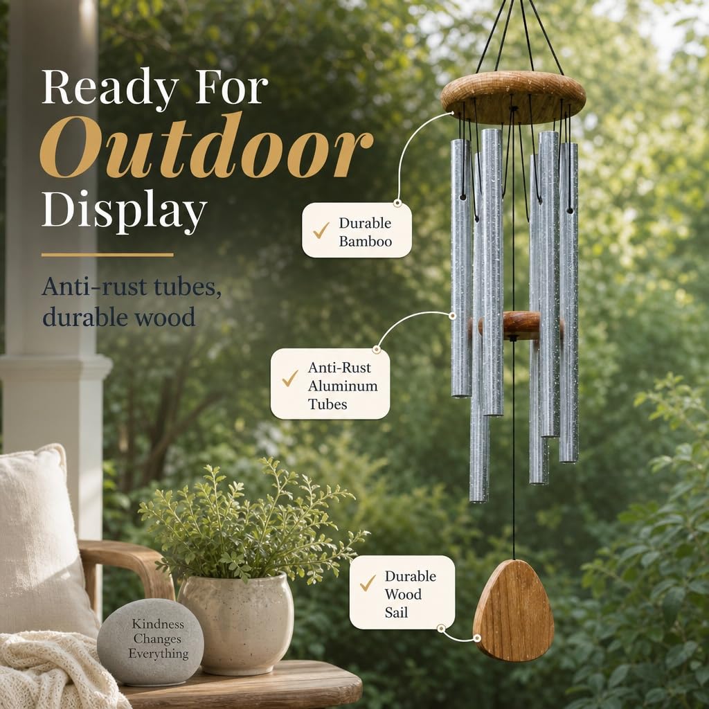 UpBlend Outdoors Carillon éolien pour extérieur – Carillon éolien argenté de 73,7 cm pour l'extérieur, Carillon éolien harmonique pour l'extérieur, Carillon éolien pour Maman, Grand-mère, Carillon à