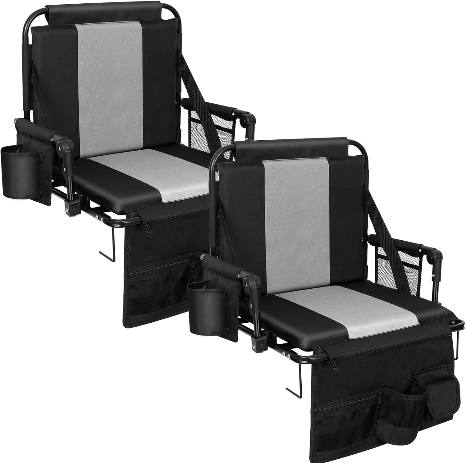 2 Pack Stadium Seats with Back Support and Armrests, Portable Bleacher Chairs with Thick Cushion, Cup Holder, Storage Pockets & Hooks, Foldable Stadium Chair for Sports Events, Black/Grey