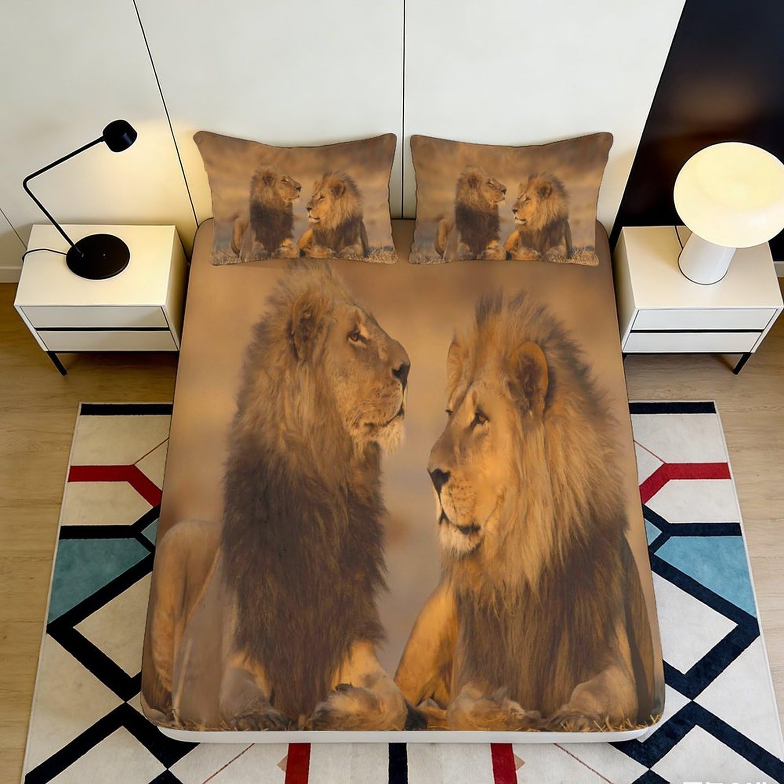 3D Printed Majestic Lion Fitted Sheet Microfiber Soft Anti-Slip Safari King Mattress Cover for Bedroom Guest Room Decor 90x200x25cm