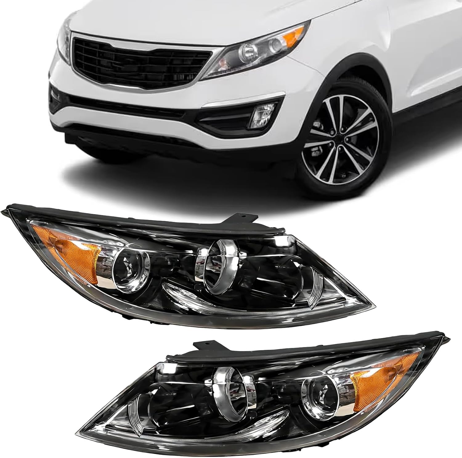 Pair Led Headlight Assembly Compatible with 2011 2012 Kia Sportage with LED Daytime Running Light w/Bulbs DRL Halogen Headlamp(Left and Right Side)