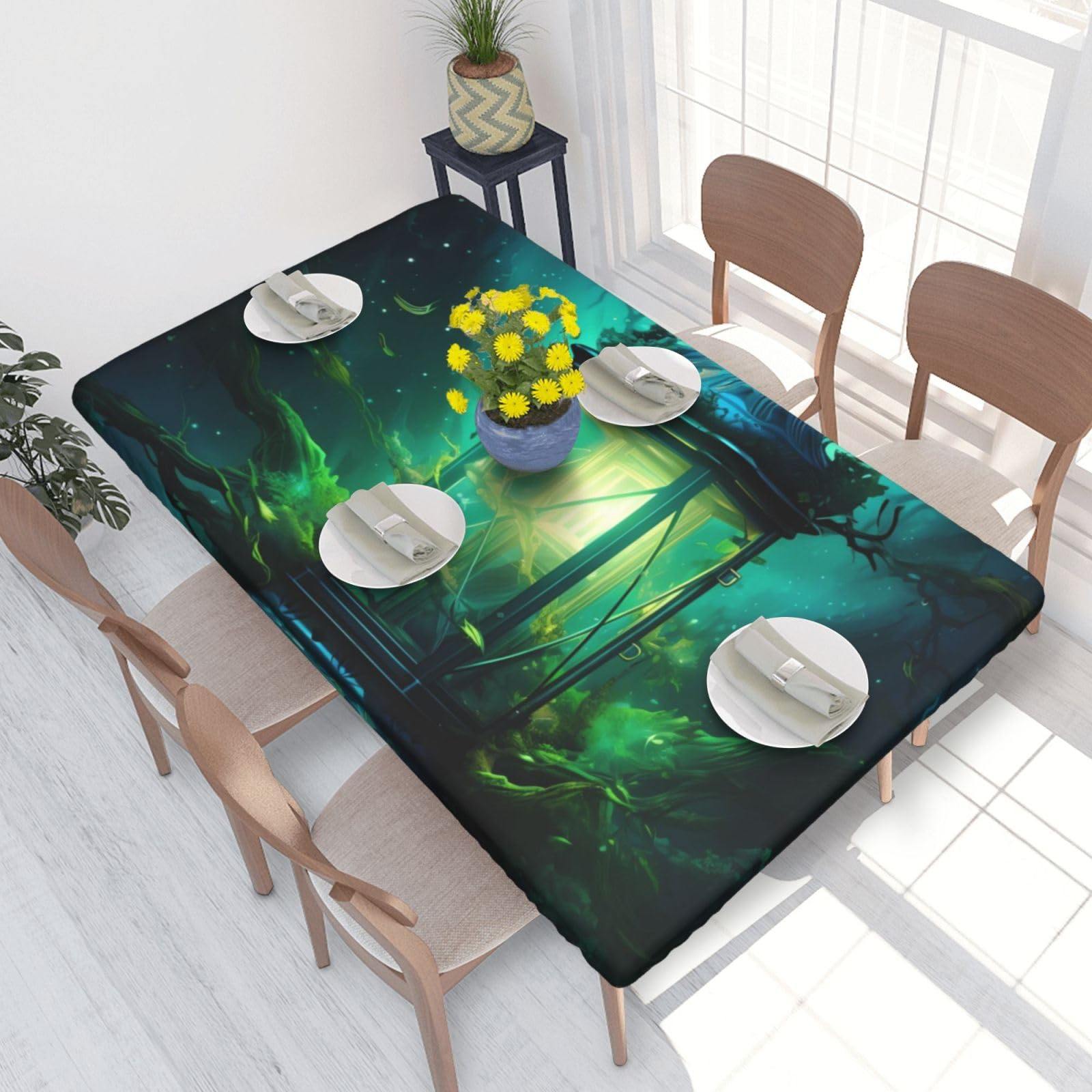 Fireflies And Lantern Waterproof Square Table Cover Elastic Fitted Tablecloth Oil Proof Table Protector For 4ft Table