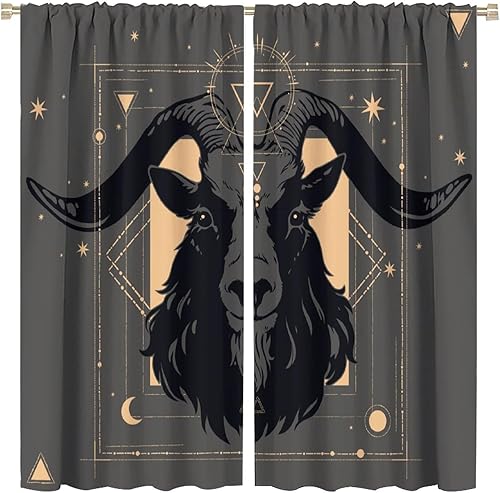 Vista 412 de Cortinas de cabeza de cabra, misteriosa cabeza de cabra malvada, calavera negra, bolsillo para barra, cortinas opacas para ventana, juego de 2
