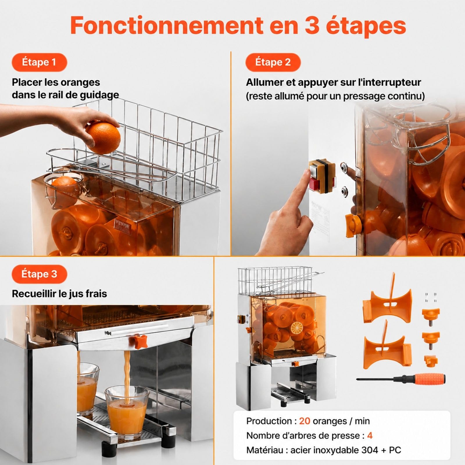 Presse-agrumes commerciale automatique 120 W en acier inoxydable, traite 20 oranges par minute, avec filtre extractible et couvercle PC