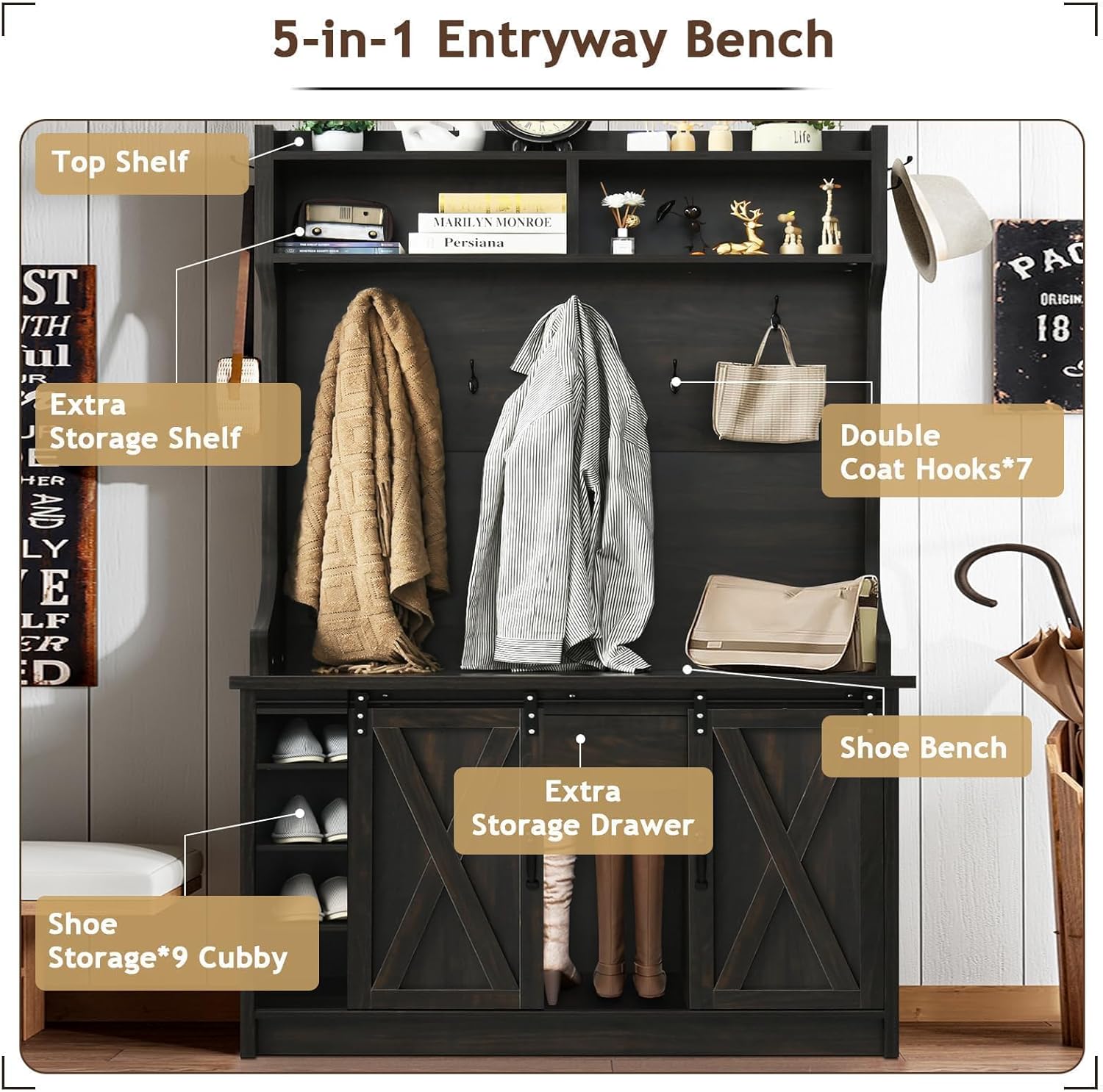 4ever2buy Farmhouse Hall Tree with Bench 5-in-1 Entryway Bench with Coat Rack with Sliding Barn Doors Entryway Coat Rack with Shoe Storage Dark Oak