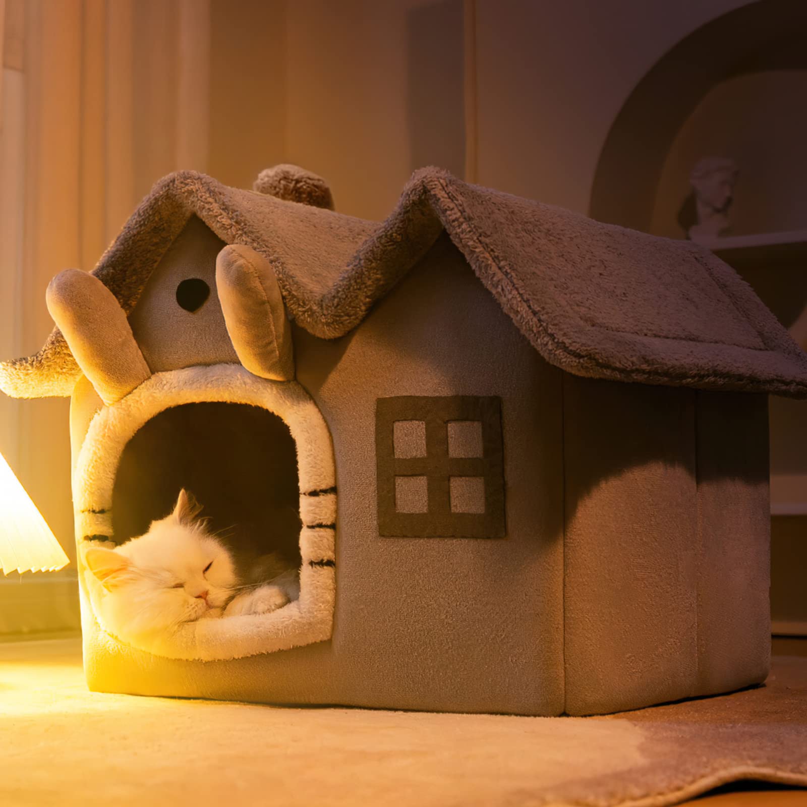 Galatée Lit De Grotte pour Chat, Igloo Chaud Et Confortable pour Chat en Peluche, Lit pour Chien Lavable avec Coussin d'oreiller Amovible, Améliore Le Sommeil, Maison De Chat Pliable(M, Gris)