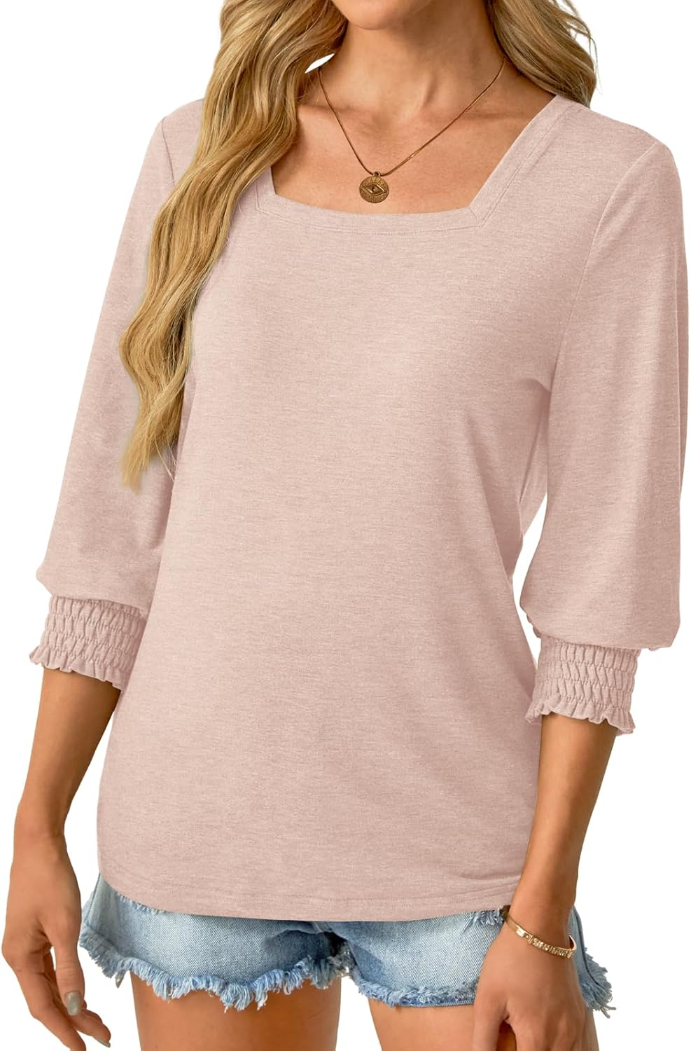 Womens 3/4 Sleeve Shirts Square Neck Dressy Casual Blouses Spring Summer Smocked Cuffs Tops - Image 3