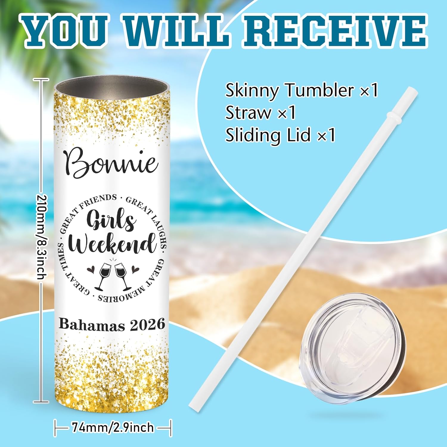Girls Weekend Gifts for Women, Personalized Girls Trip Tumbler with Name Text, 2026 Girl Trip Cup Gifts, Custom Beach Vacation Tumbler with Lids and Straws, Bachelorette Party Gift For Friend Sister - Image 6