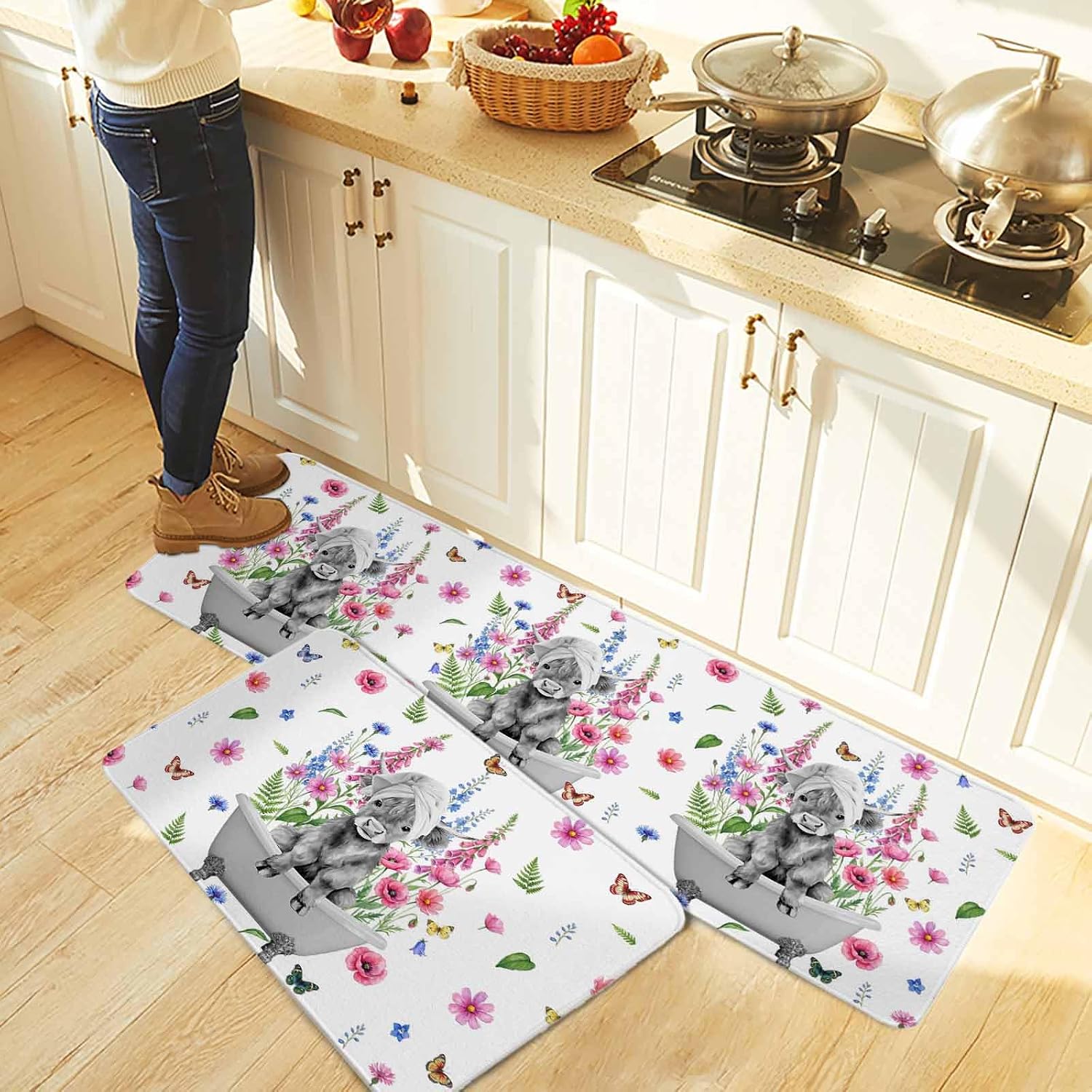 Pink Flowers Yak Kitchen Rugs and Mats Set of 2, Non-Slip Kitchen Sink Mat, Vintage Spring Floral Bathtub Watercolor Washable Doormat Bathroom Rugs Runner for Bedroom 23.6"x35.4"+23.6"x70.9"