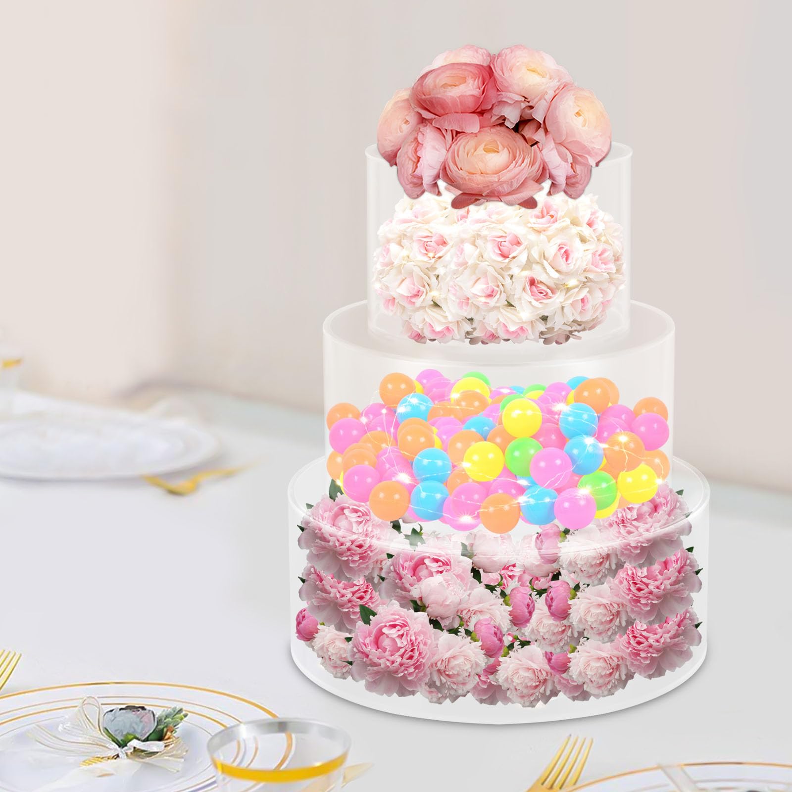 Lot de 3 supports à gâteaux en acrylique transparent avec bandes lumineuses LED pour mariage, anniversaire, fête