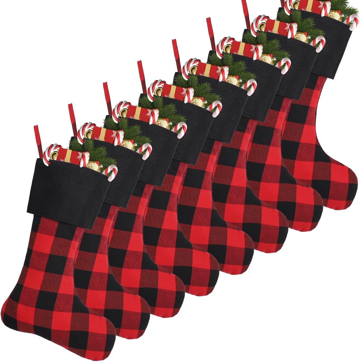 Cootato 8 Pack Christmas Stockings, 18 Inch Buffalo Plaid Christmas Stockings Large Personalized Stocking Decorations for Family Xmas Holiday Party (Black Cuff/Red and Black Plaid)