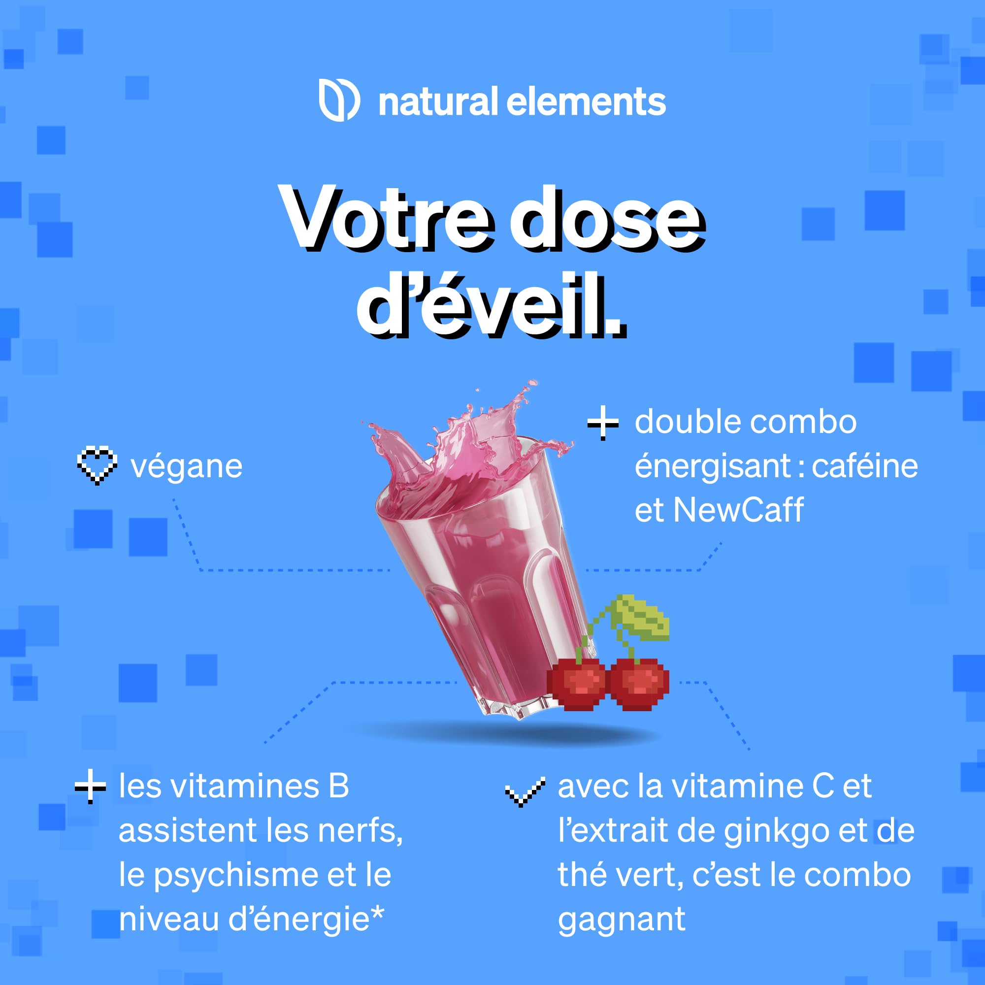 Power Up "Cherry" – Booster avec caféine, NewCaff75, vitamines B, vitamine C, L-tyrosine, extrait de ginkgo et de thé vert – 40 boissons – végane, hautement dosé, avec stevia – produit en Allemagne