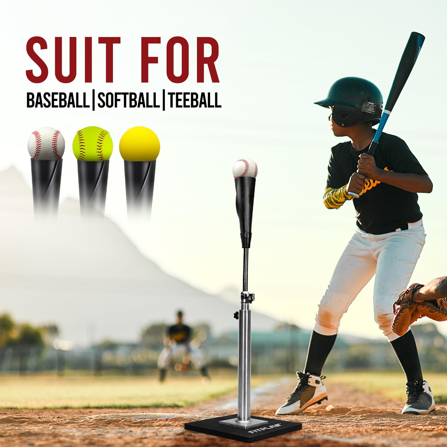 FITPLAY Baseball Batting Tee, 27" To 43" Adjustable Height With Tripod Stand Base Black FITPLAY Baseball Batting Tee, 27" To 43" Adjustable Height With Tripod Stand Base Black