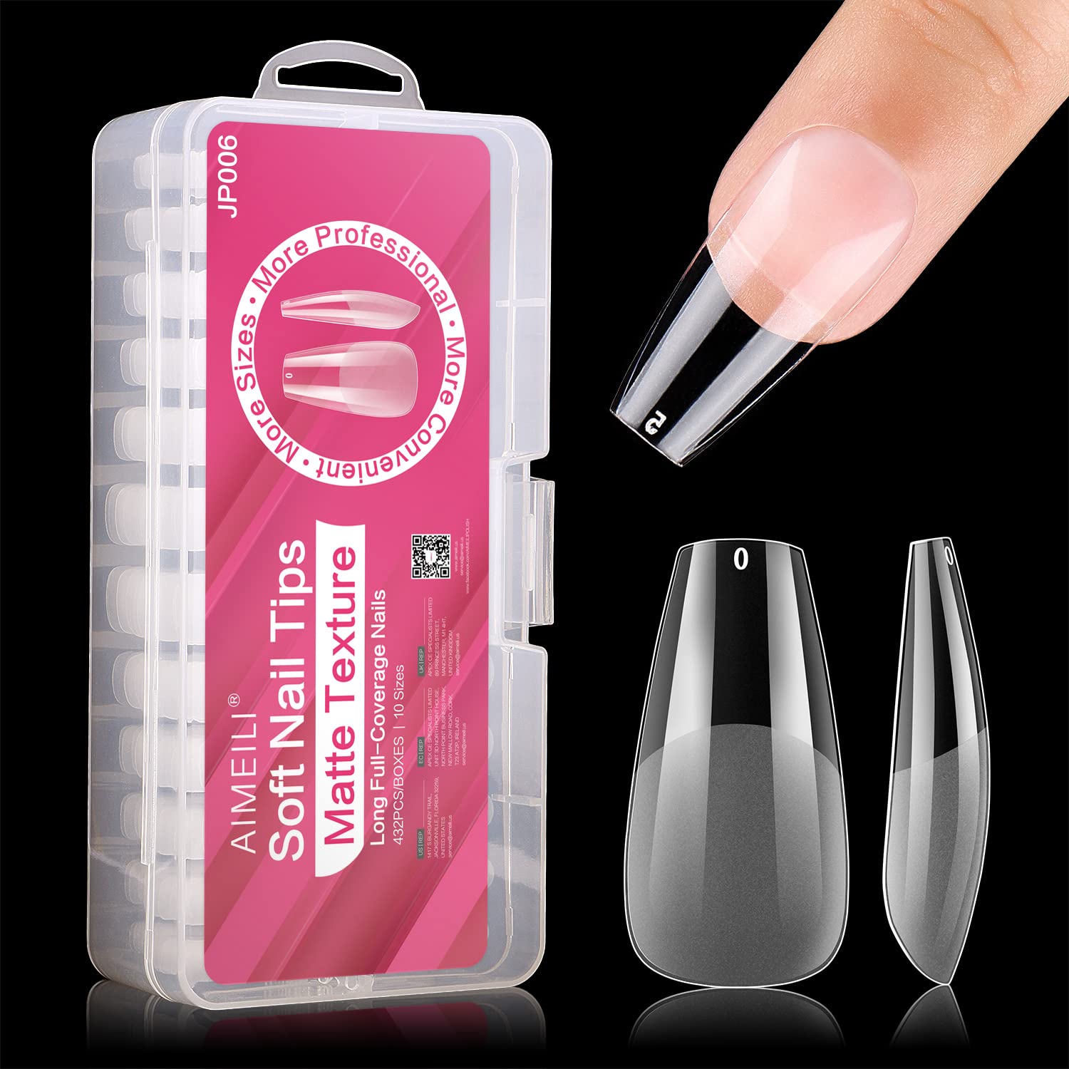 AIMEILI False Nail Tips, 432PCS Clear Matte Coffin Full Cover Nail Tips for Soak Off Nail Extension, Acrylic False Press on Nails with Box for Nail Art Salon and Home DIY, 10 Sizes 006