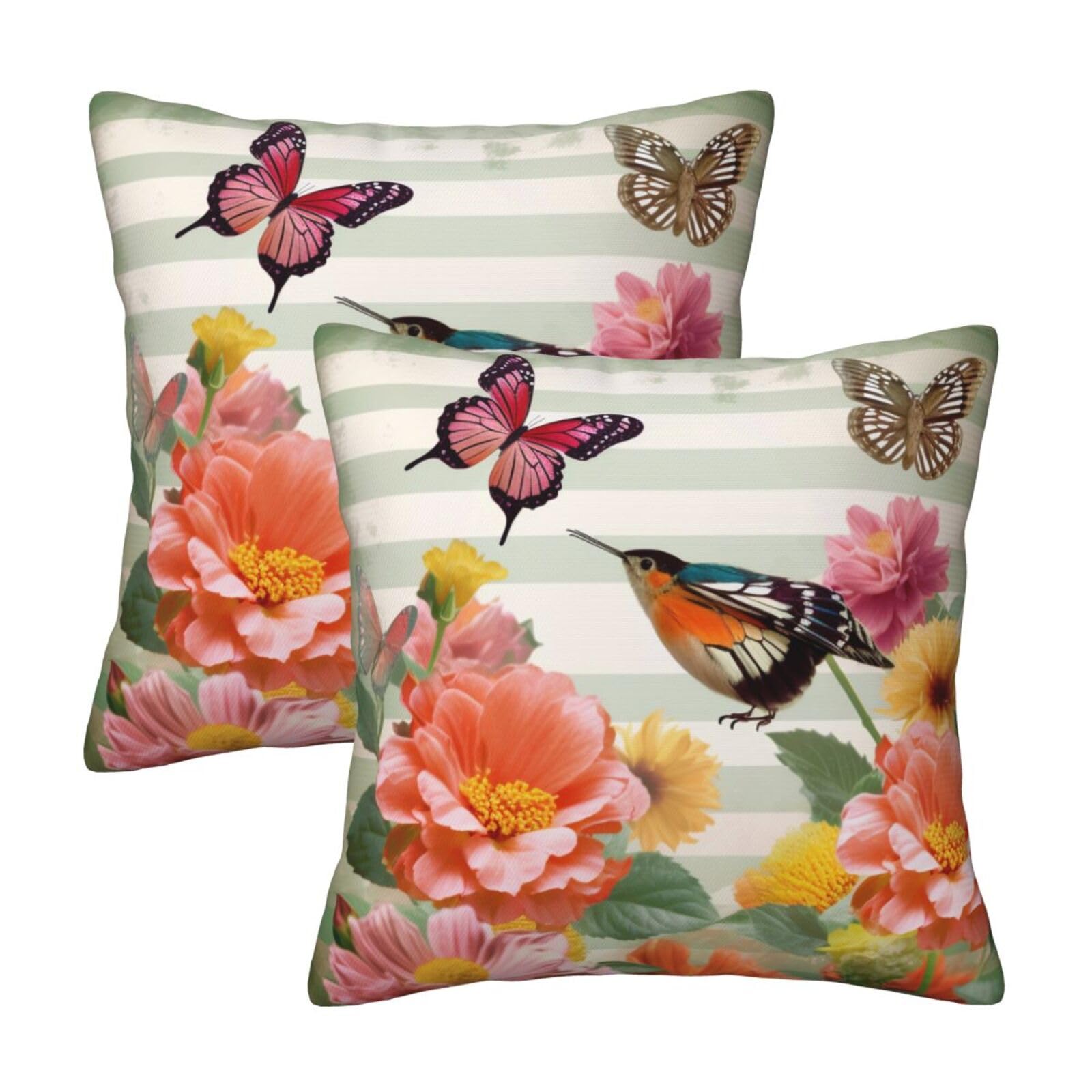 Flower Butterfly birds Throw Pillow Cases 2 Pack Square Pillowcases Soft Pillow Protectors for Couch Livingroom Sofa Bed Office Car,50x50 CM