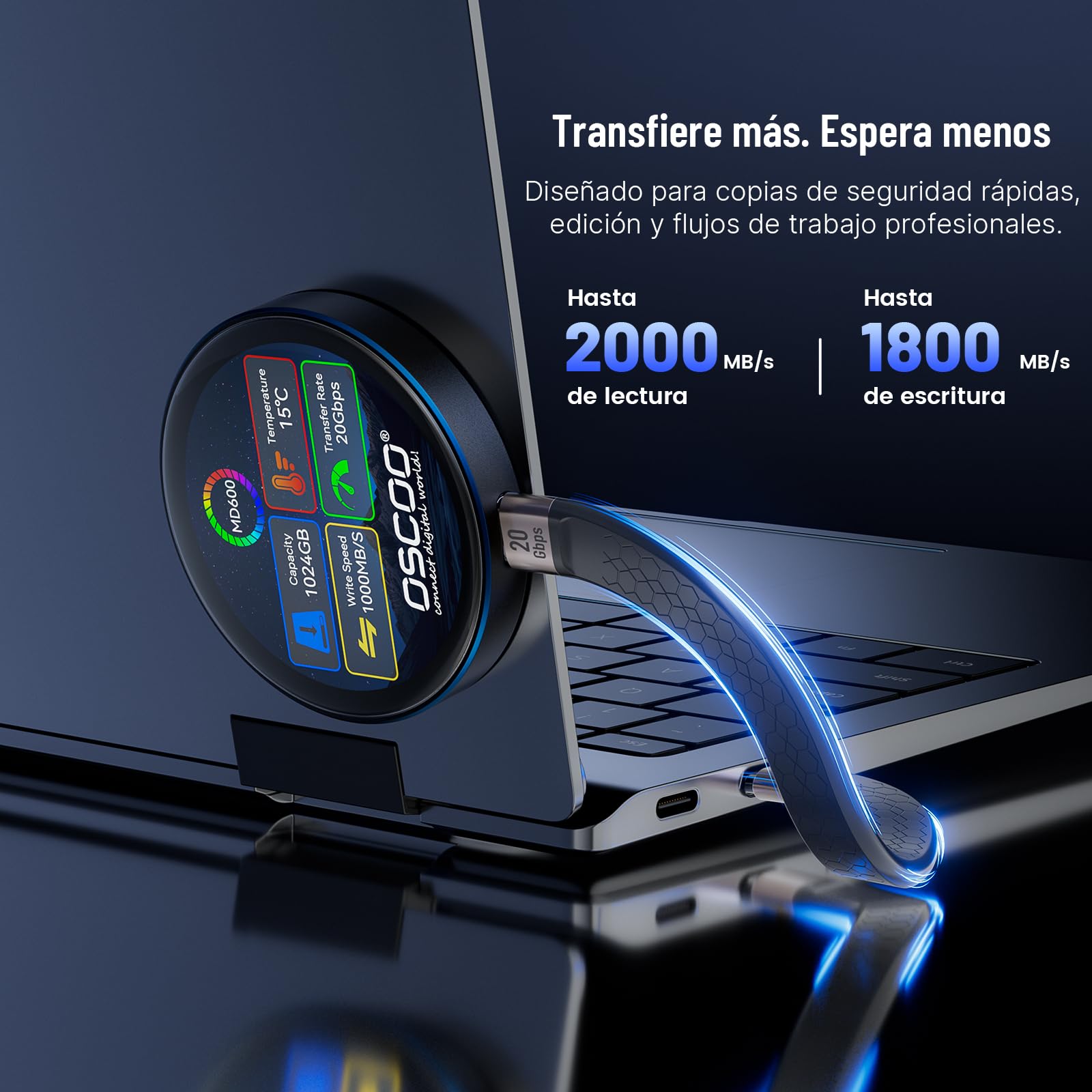 SSD externo cifrado de 1 TB, pantalla táctil inteligente, hasta 2000 MB/s