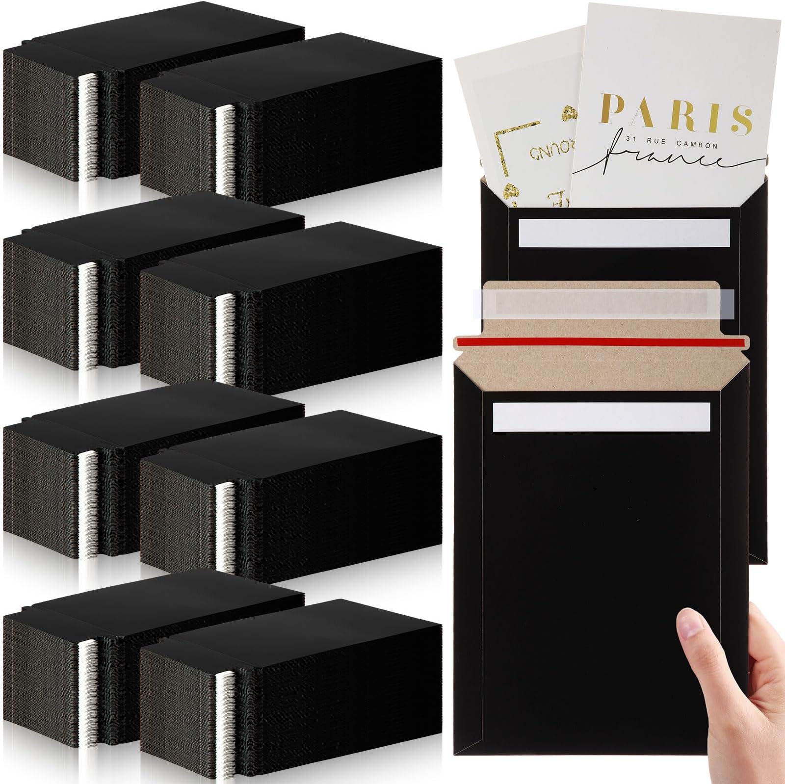 Fainne 200 Pack 6x8 Inch Rigid Cardboard Mailers Self-adhesive Photo Cds& Document Shipping Envelopes, 250gsm, Black