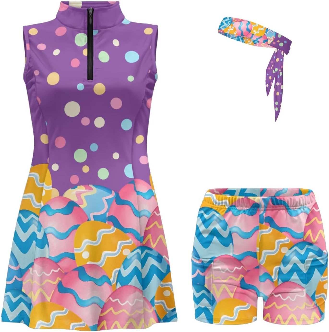 Women's Tennis Golf Dress with Shorts Pockets Sleeveless Workout Athletic Dresses and Headbands Set Golf Outfits