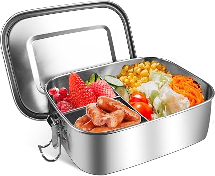 HOSPAOP Stainless Steel Lunch Box with Compartments 1000 ml Lunch Box Metal Lunch Box Leak-Proof with 3 Compartments Bento Box Lunch Box for Children and Adults