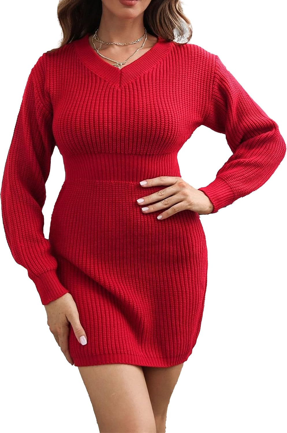 Women's Cable Knit V Neck Sweater Dress Casual Ribbed Loose Oversized Sweater Mini Dress Soild Long Sleeve Flared Dress