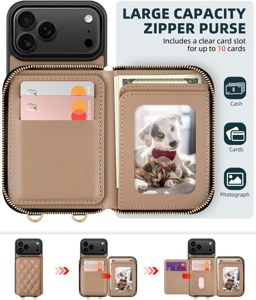 OCASE Compatible with iPhone 17 Pro Max Crossbody Wallet Case with Card Holder, PU Leather Zipper Handbag Phone Purse with RFID Blocking Kickstand Wrist Strap Lanyard 6.9 Inch, Diamond Check Khaki