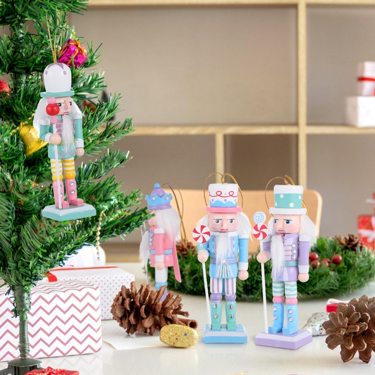 Amosfun 4pcs Wooden Nutcrackers Ornaments - 12cm Tall Soldier Nutcracker Figurines Pastel Nutcracker Tree Hanging Ornament - Image 7