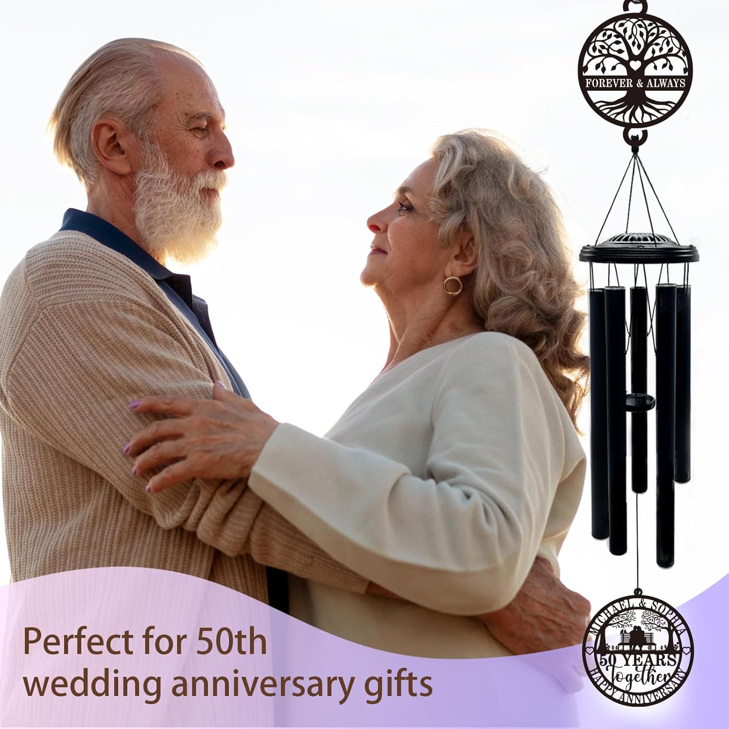 Personalized 50th Anniversary Wind Chimes for Couple, Custom 37" Large Deep Tone Windchimes Outdoor, Unique Golden Wedding for Parents, Grandparents, Garden Decor