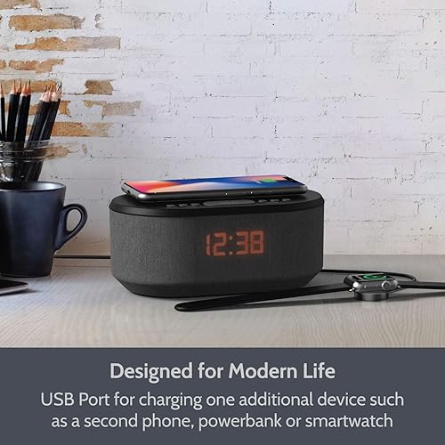 Miniatura 3 de Reloj despertador de radio con cargador USB, altavoz Bluetooth, carga inalámbrica QI, alarma dual y pantalla LED regulable (rosa)