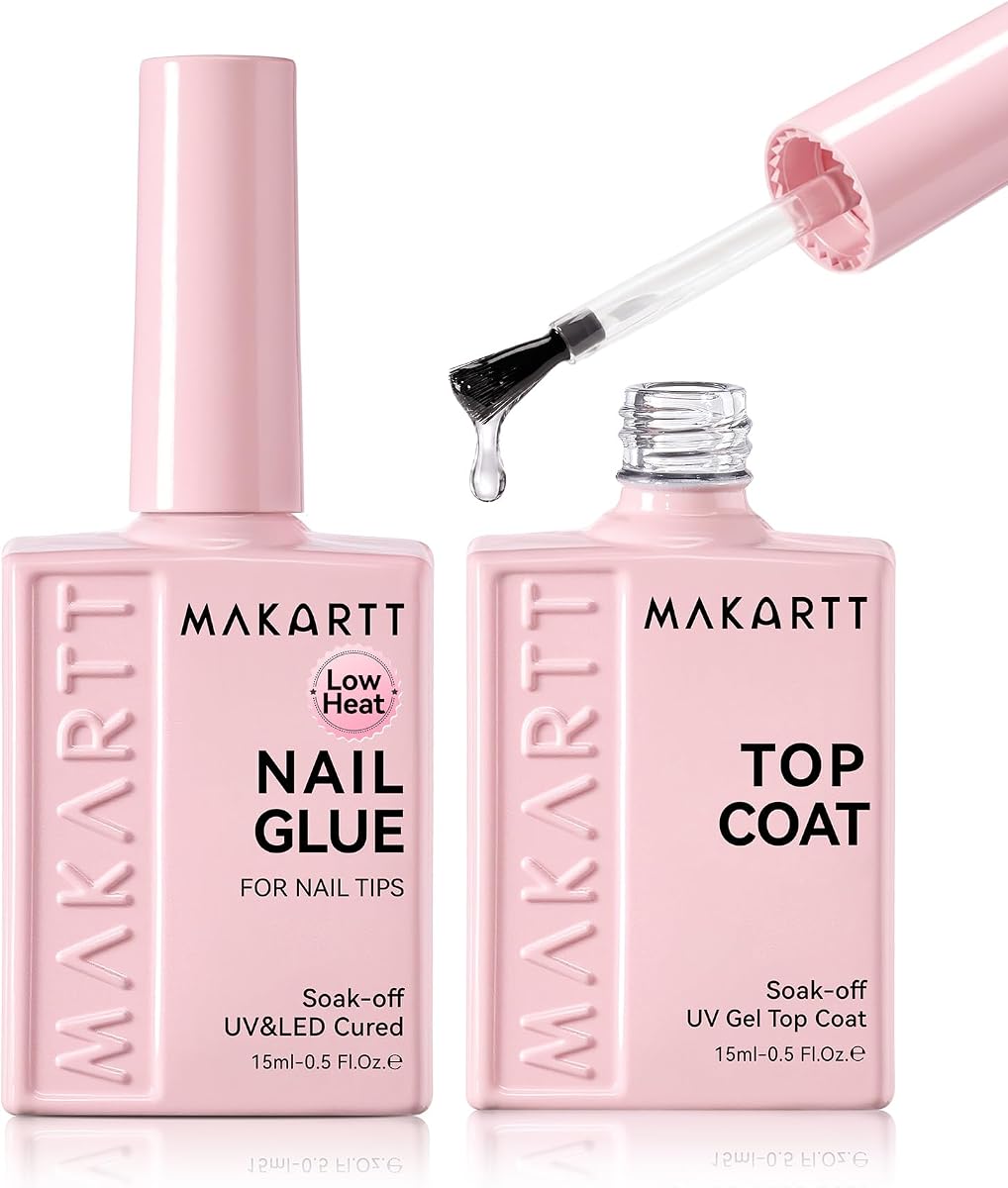 Makartt 10 en 1 fuerte pegamento de uñas UV y kit de capa superior para puntas de uñas, 15 ml 2 piezas | Pegamento con brocha de fijación fuerte, capa superior de Gel que no se limpia, dura 5 semanas, pegamento UV de flujo lento, sin ensuciar, relleno de huecos, multiusos para uñas
